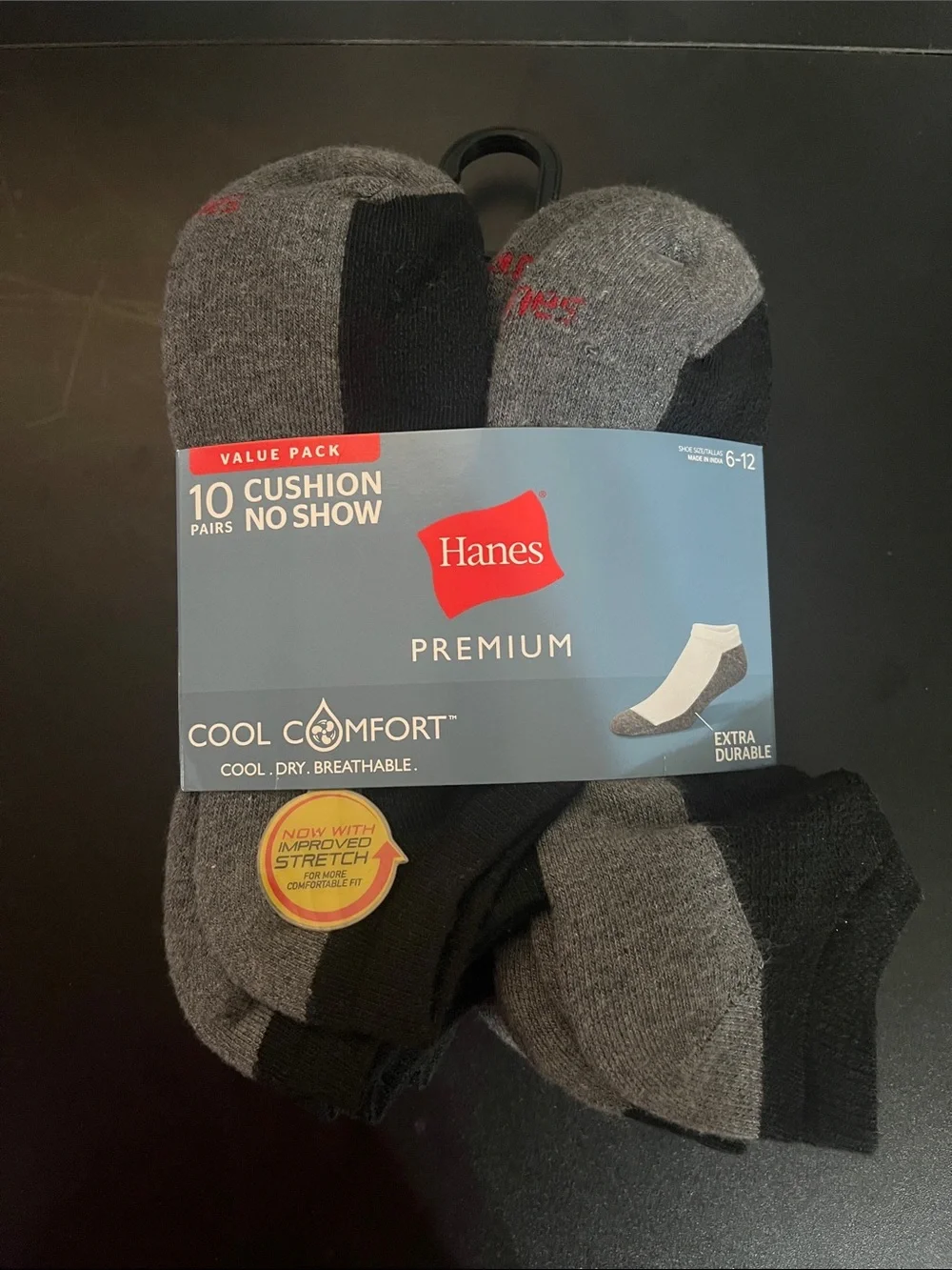 Hanes Premium Men's No-Show Cushion Socks - Gray/Black (10 Pairs)